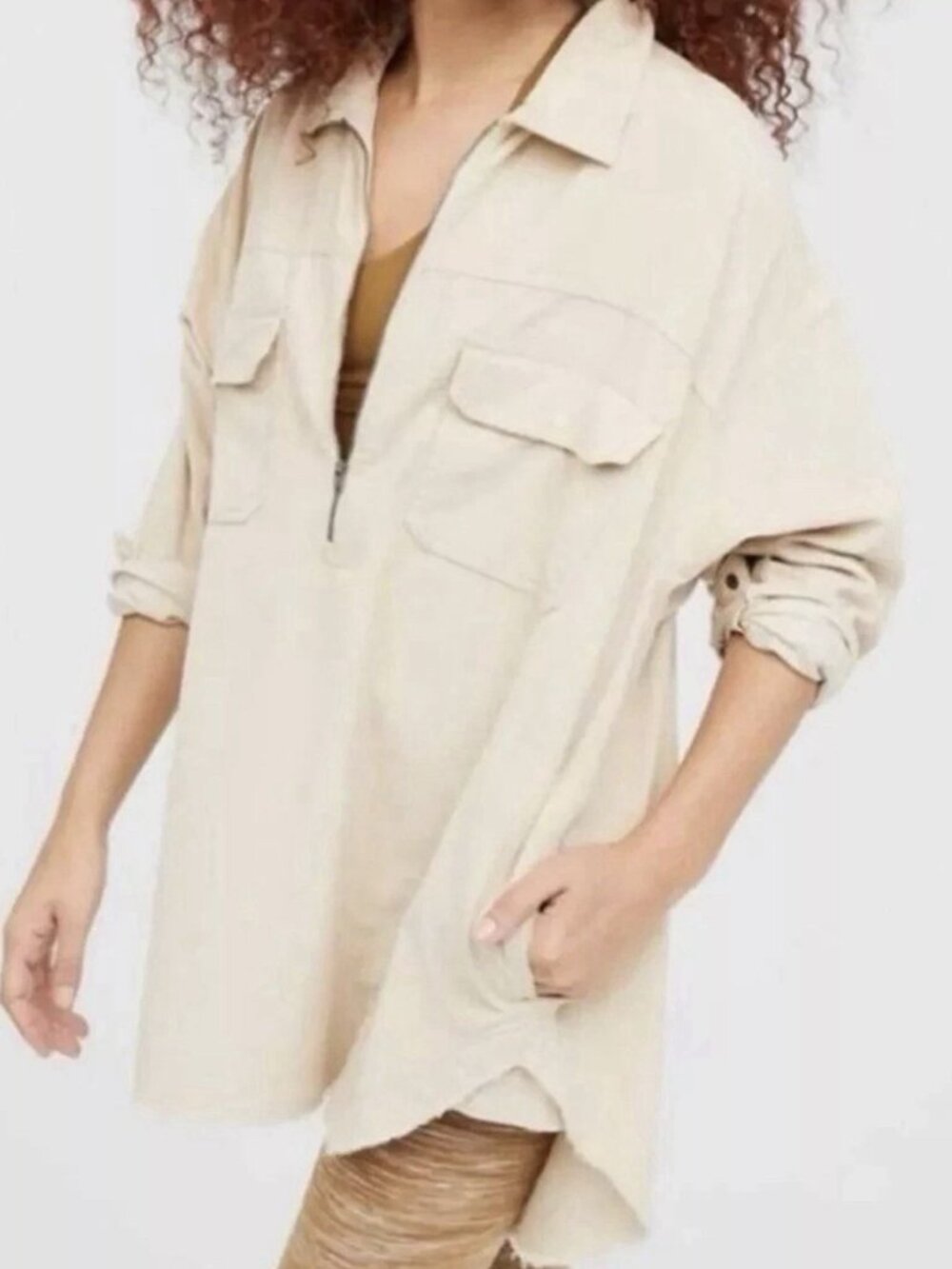 Aerie Offline Corduroy Boho Shacket Tunic Top Oversize L Beige 1/4 Zip Raw Hem